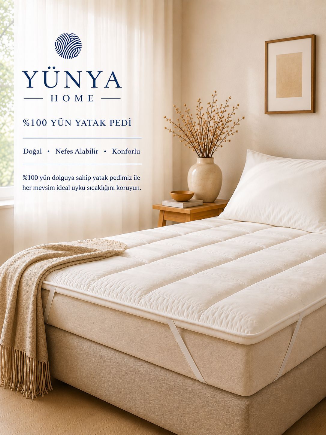 %100 YÜN Yatak Pedi Çift Kişilik (160×200) | Doğal Uyku Konforu ve Nefes Alan Premium Yatak Pedi